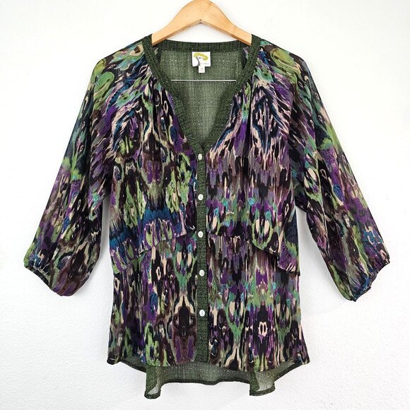 FIGUEROA & FLOWER Tops - Fig & Flower Womens Sz M Green Purple Art Print Boho Blouse Hi Low Casual Top